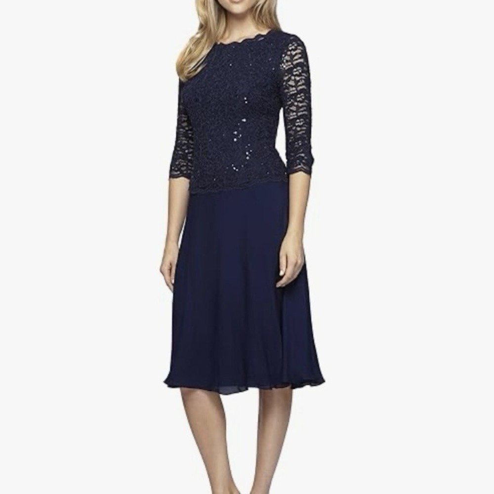 Alex Evenings Navy Blue Sequin Lace Chiffon Midi Special Occasion Dress Size‎ 6